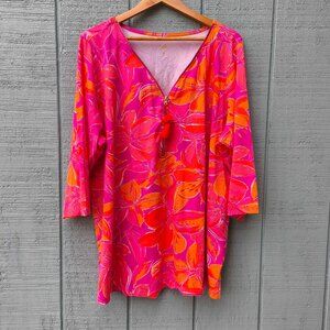 Belle Kim Gravel Egyptian Cotton 1/4 Zip Tropical Top sz 3X Pink Orange
